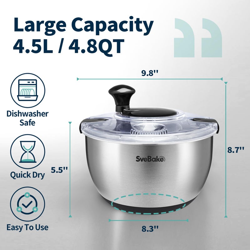 SveBake Stainless Steel Salad Spinner, 4.2 Qt Vegetable Washer, BPA-Free Lettuce Dryer with Crank Design, Dishwasher Safe, Non-Slip Base - Transparent Lid - Image 2